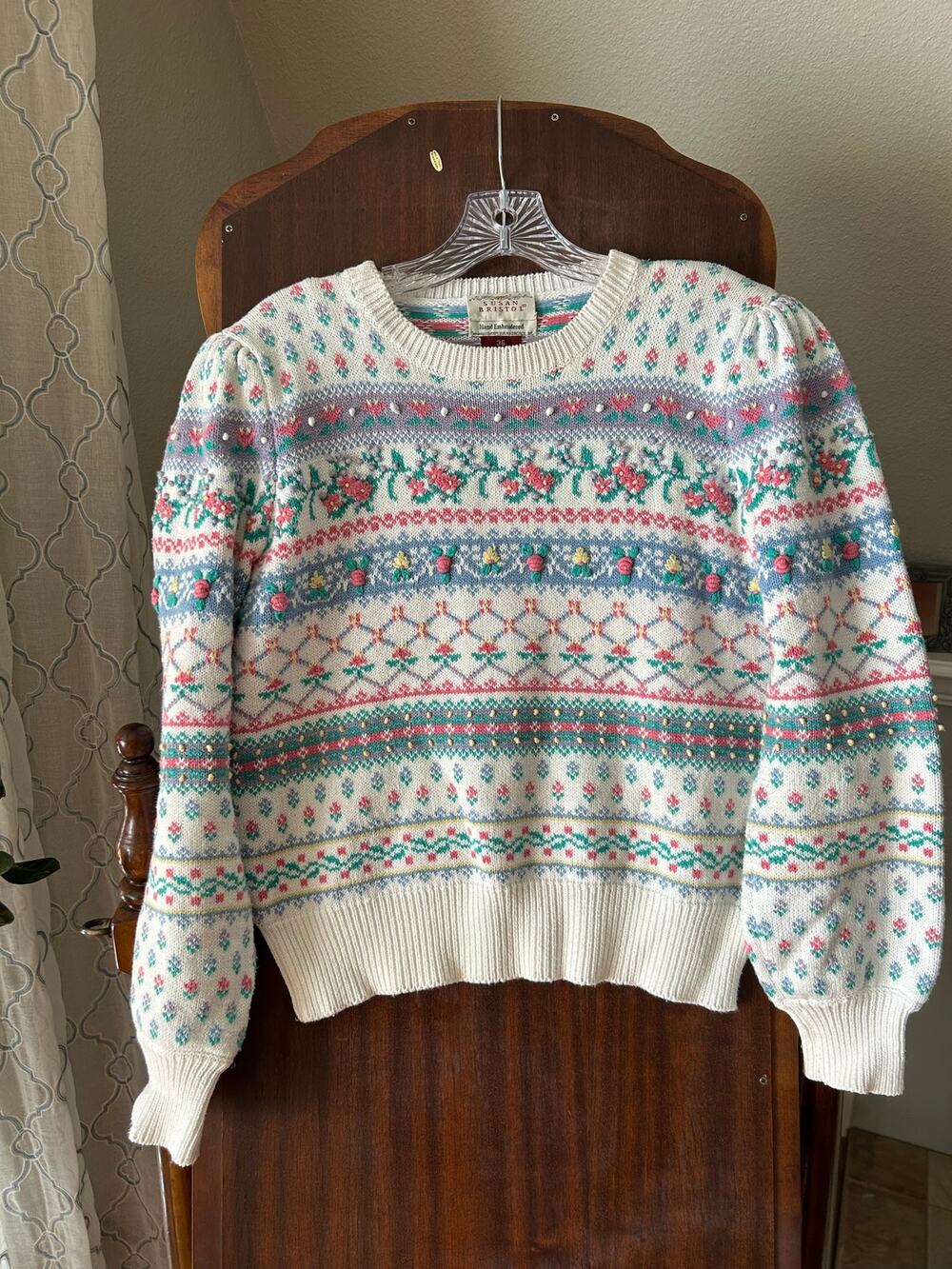 Vintage Susan Bristol medium cream knit sweater fair isle raised floral design